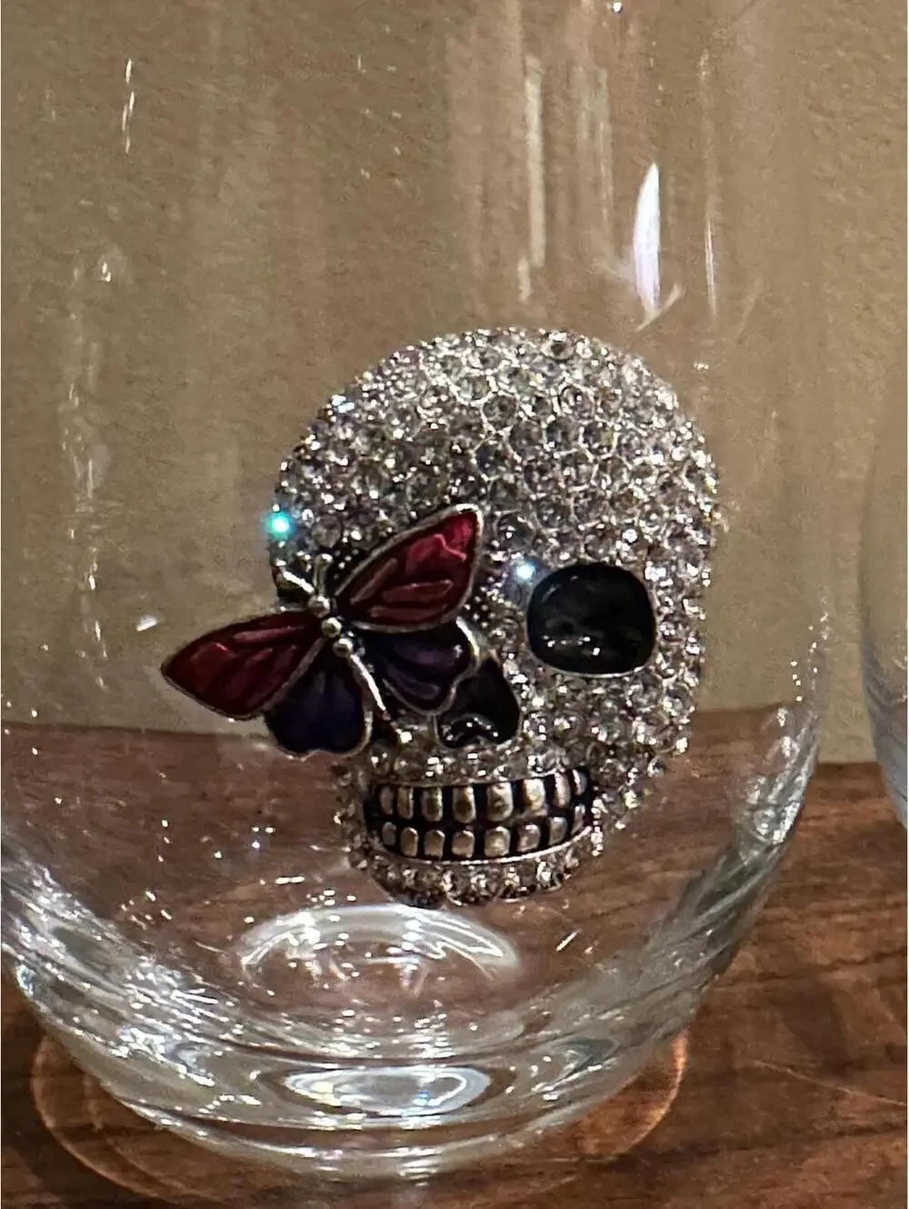 Pair Of Silver Skull With Butterfly Stemless Wine Glasses